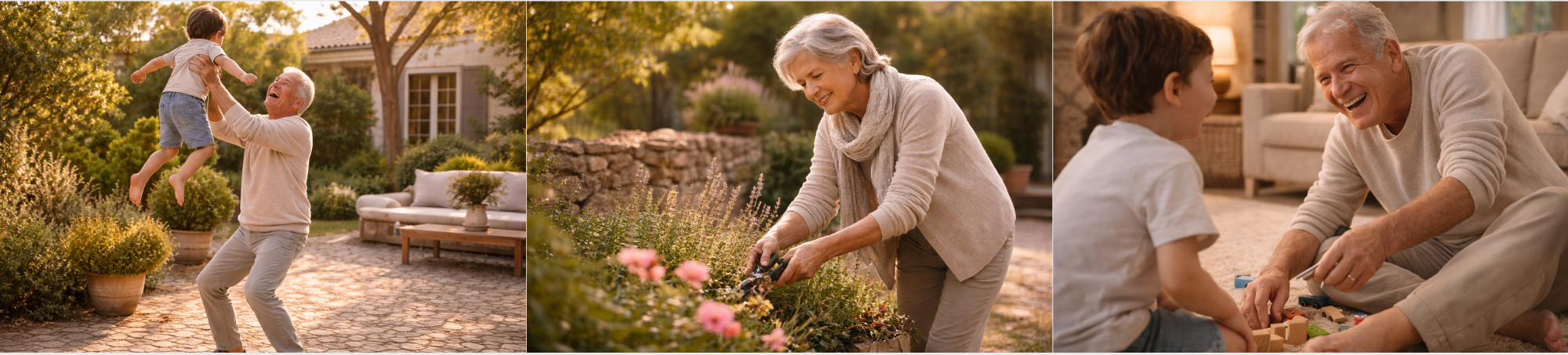 Collage of three images showing an elderly couple and a young boy in various activities.
